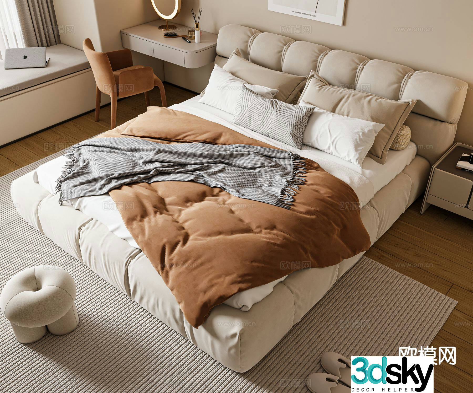 Cream style double bed 3d model