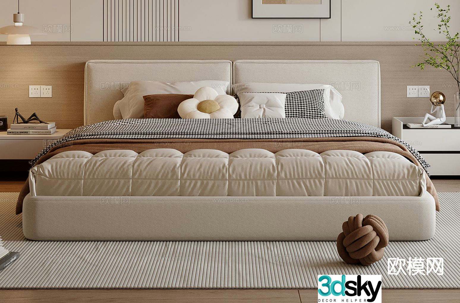 Cream style double bed 3d model