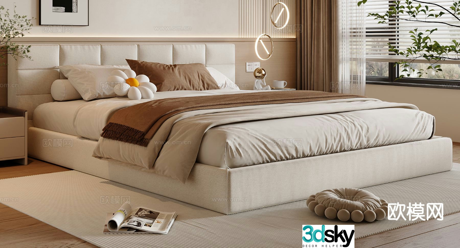Cream style double bed 3d model