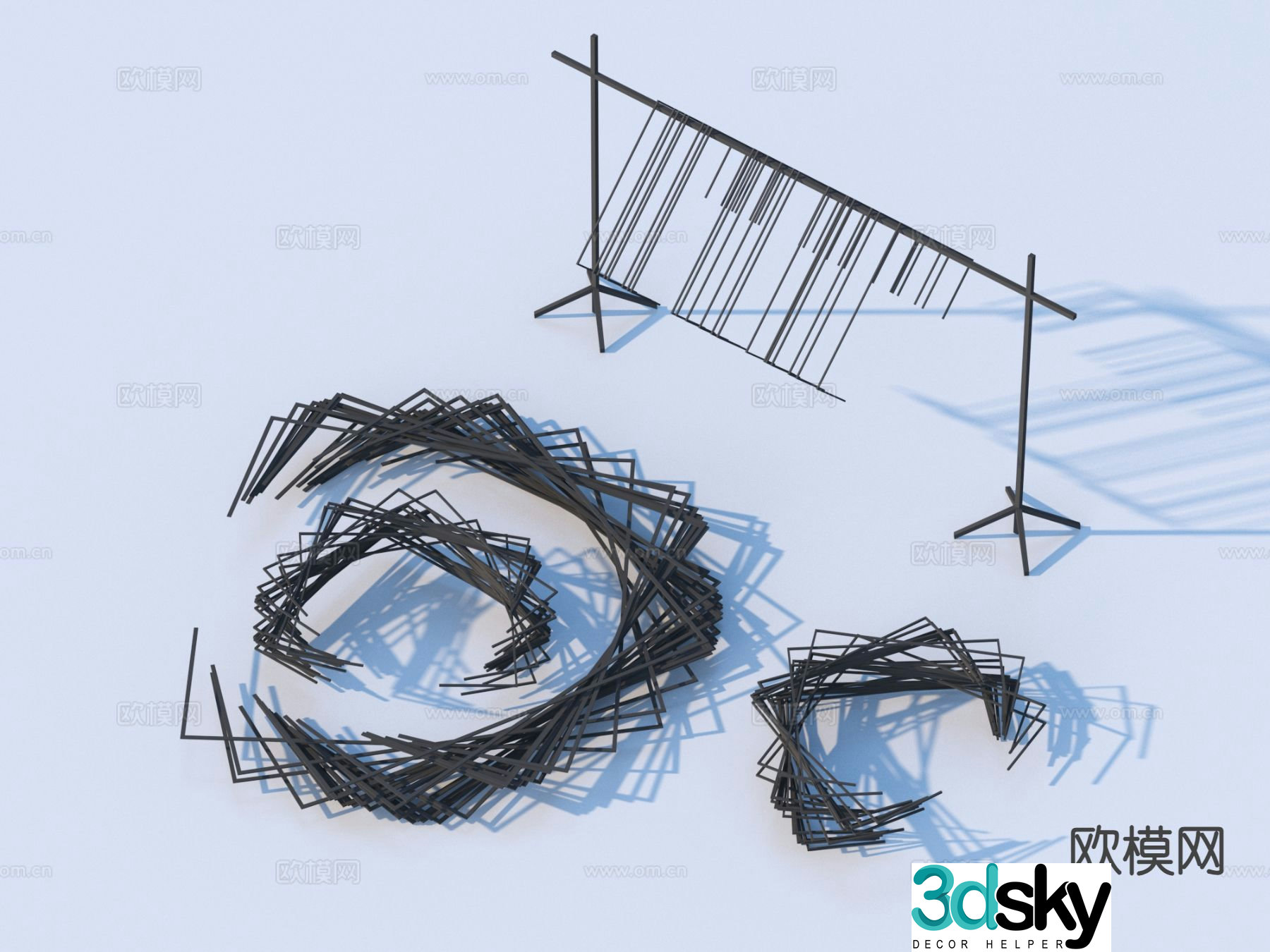 Rebar materials, construction sketches, industrial equipment 3D models