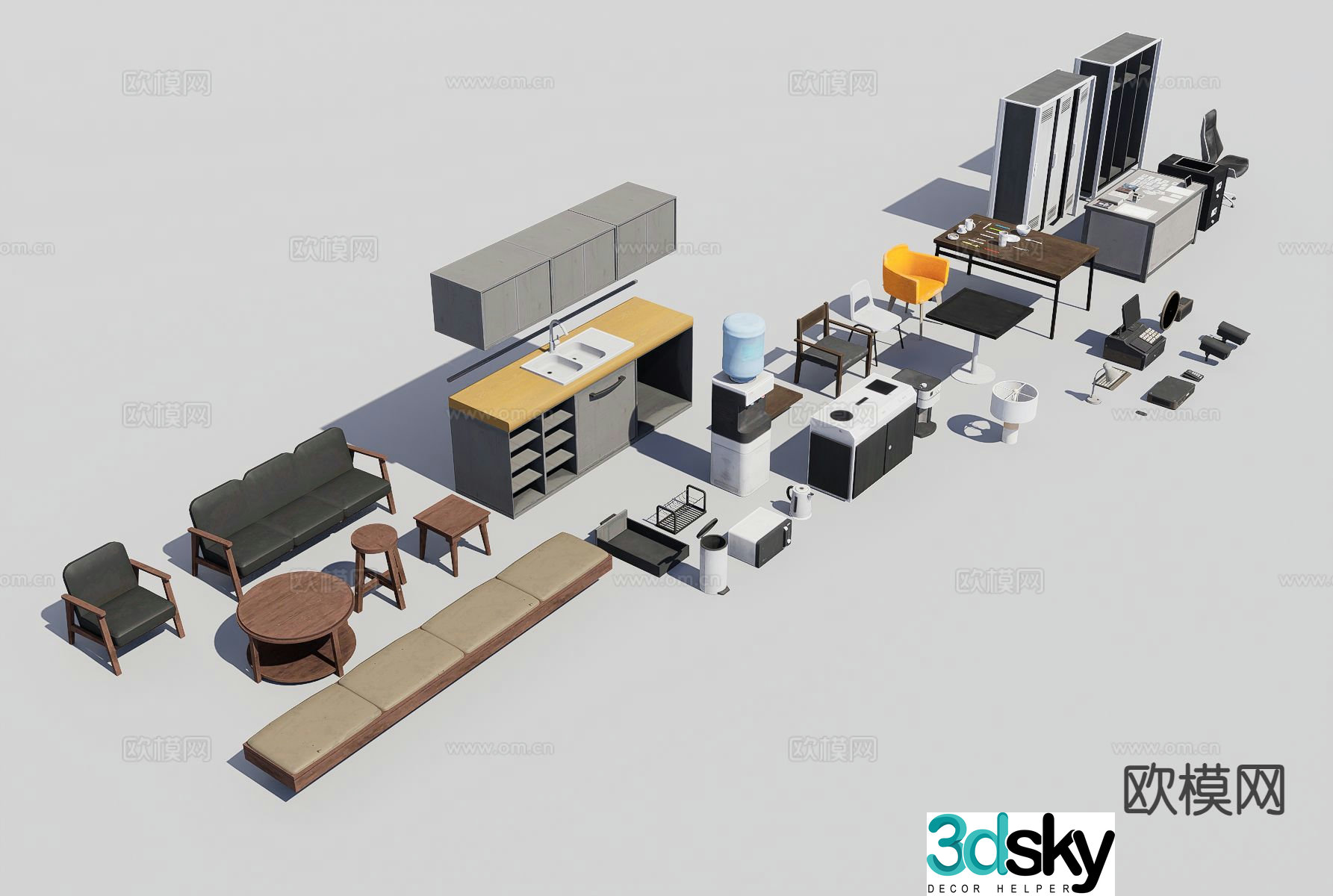 Modern desk file cabinet office sofa office supplies 3d model
