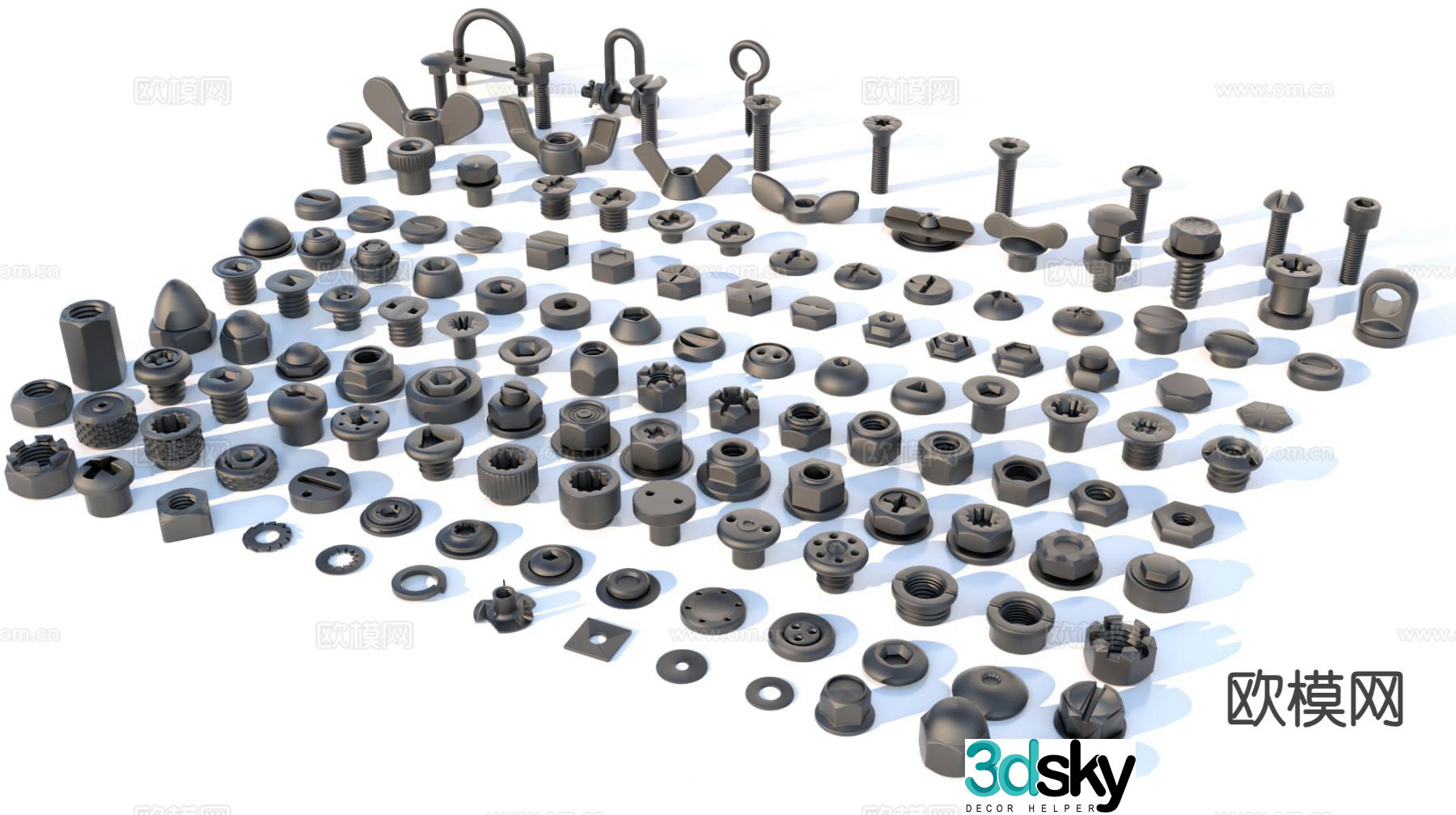 Modern screws nuts hardware components 3d model