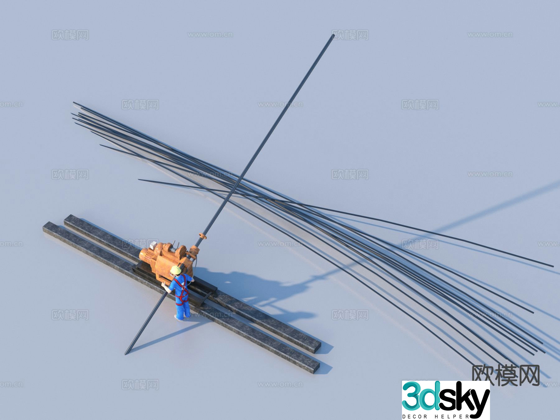 Rebar materials, construction sketches, construction equipment 3D model