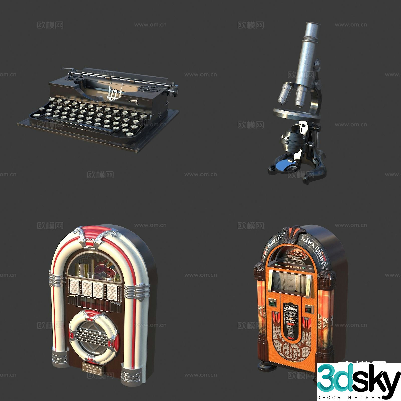 Nostalgic old objects, vintage microscope, telephone, telegraph, typewriter 3D model