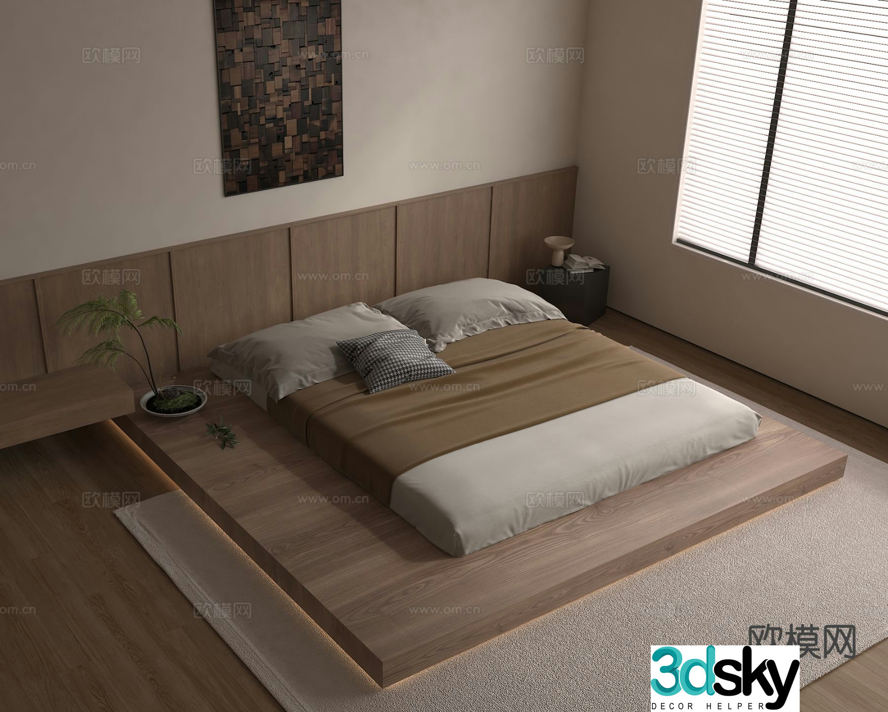 Wabi-sabi style solid wood double bed tatami suspended bed 3d model
