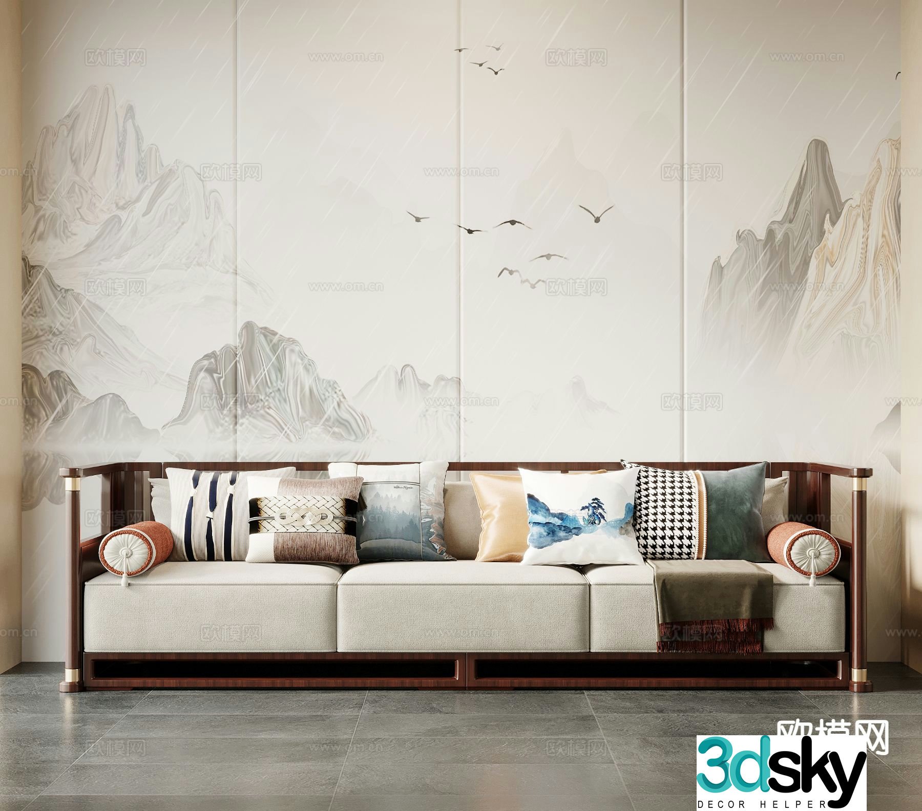 New Chinese style multi-person sofa 3D model of three-person sofa
