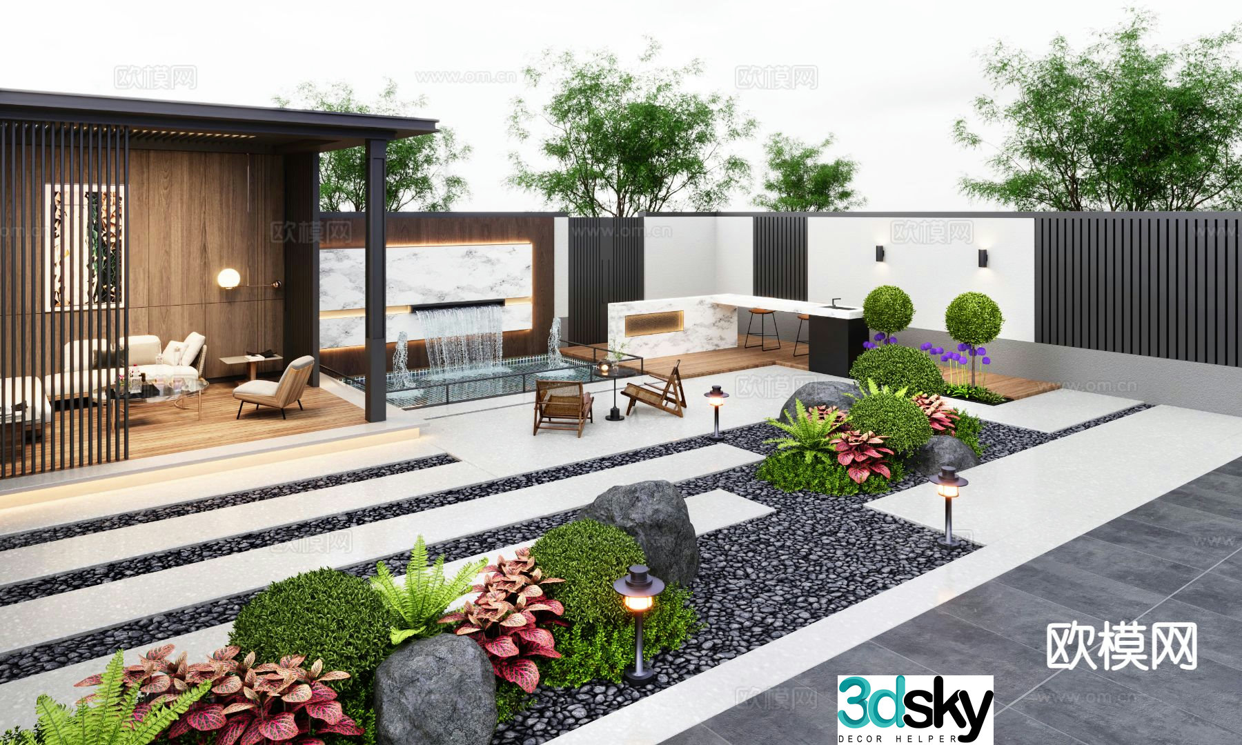 Modern courtyard landscape leisure pavilion falling water landscape 3D model