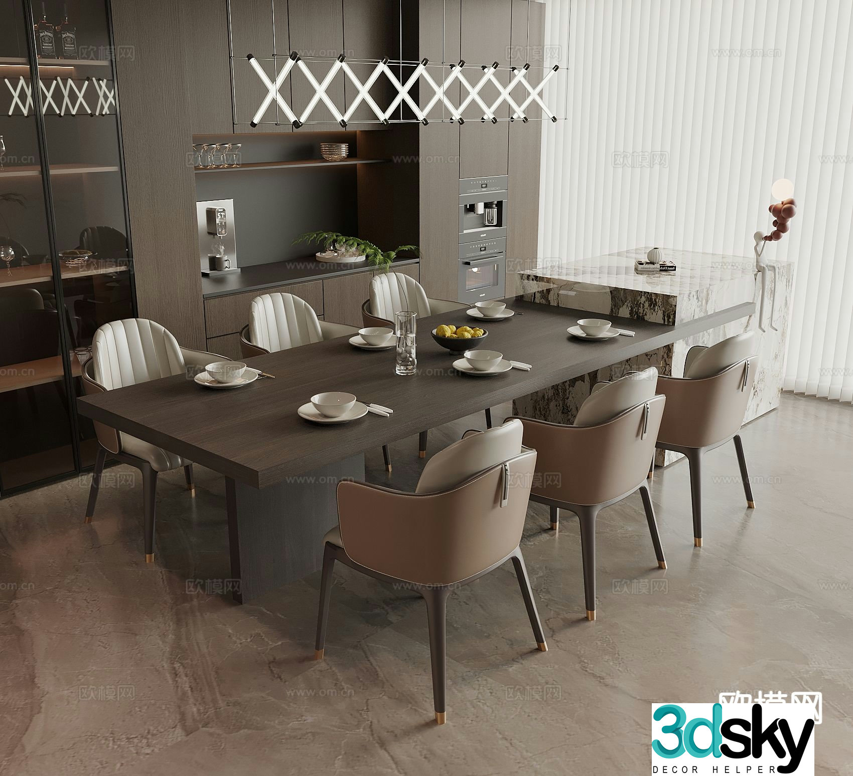 Modern island table dining table and chairs 3d model