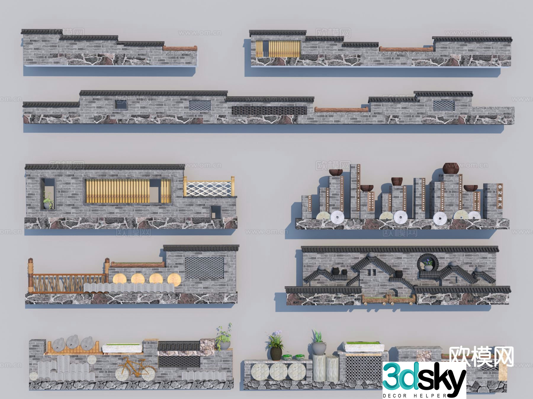 New Chinese style rural cultural landscape wall rural low wall rural low wall 3D model