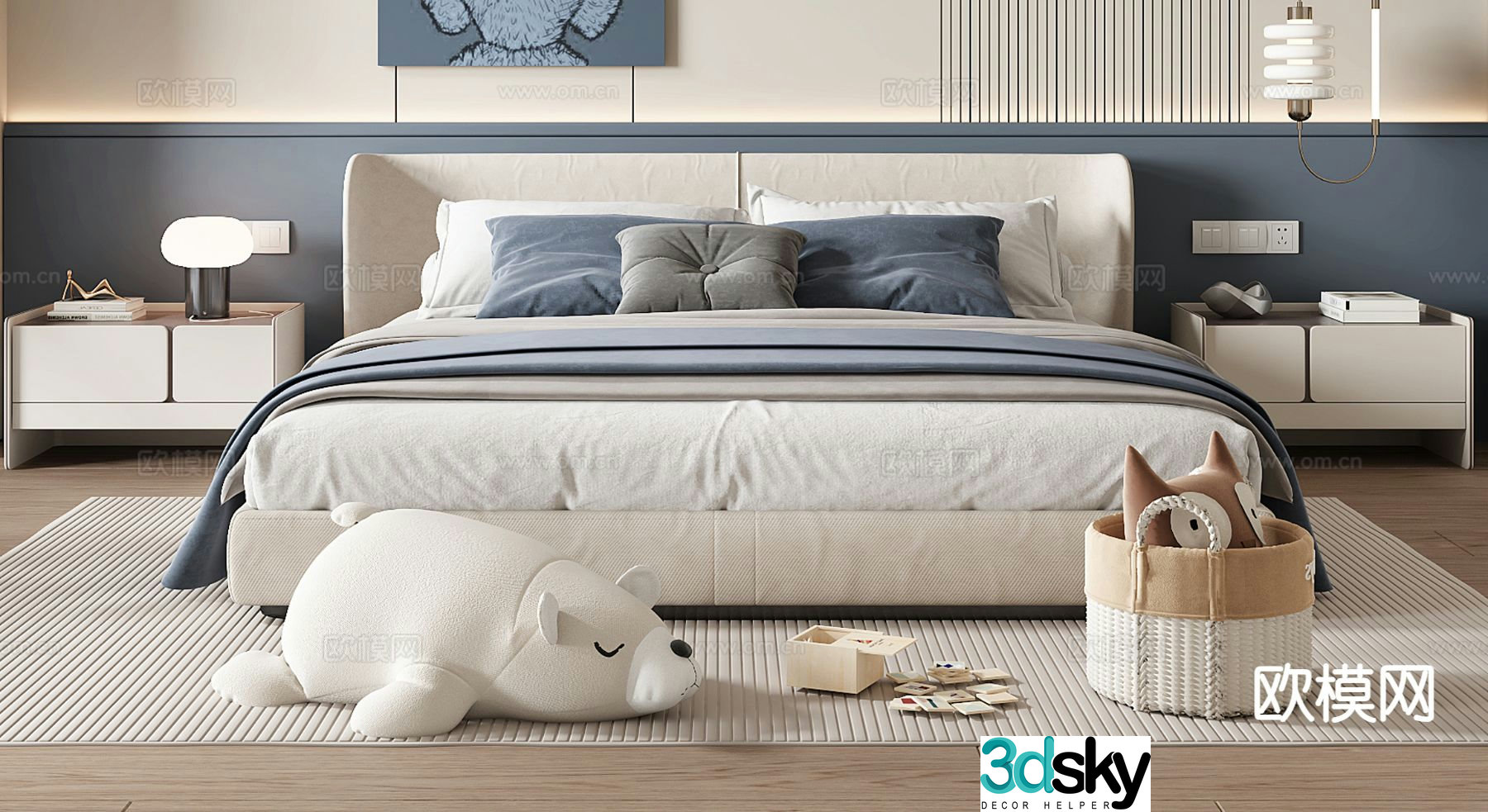 Modern children’s bed boy’s bed bedside table 3d model