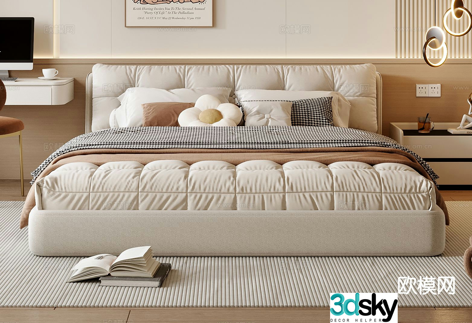 Cream style double bed 3d model