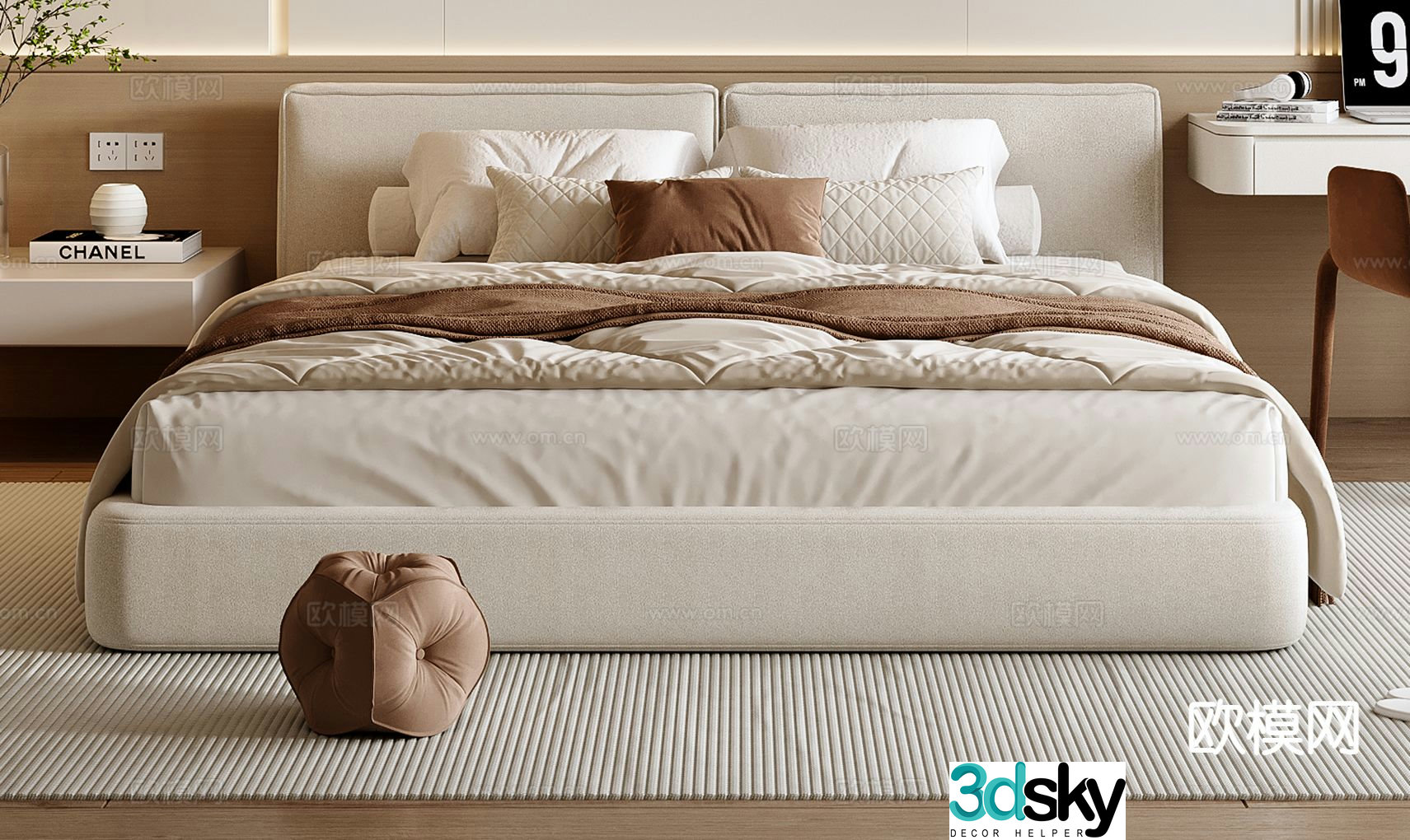 Cream style double bed 3d model