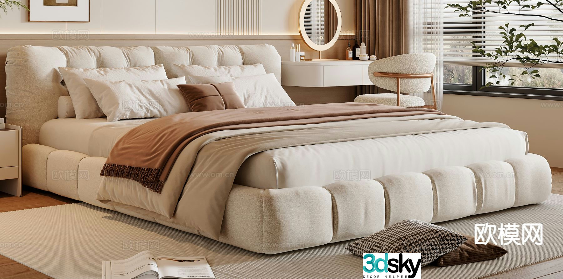 Cream style double bed 3d model