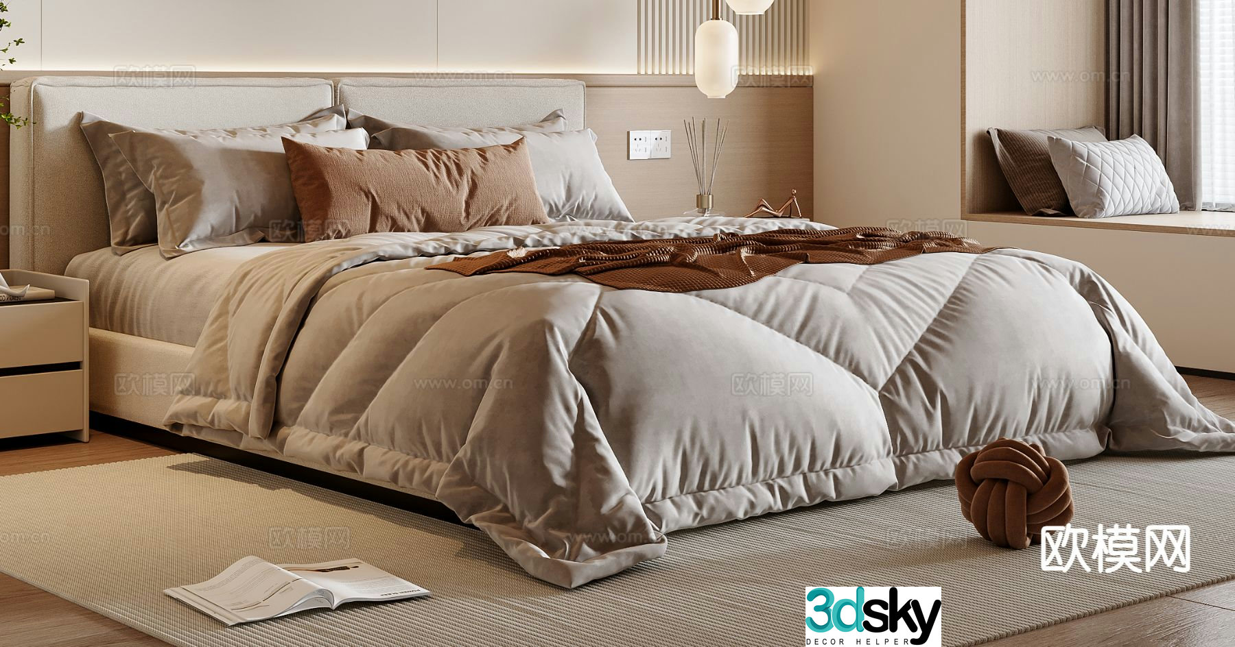 Cream style double bed 3d model