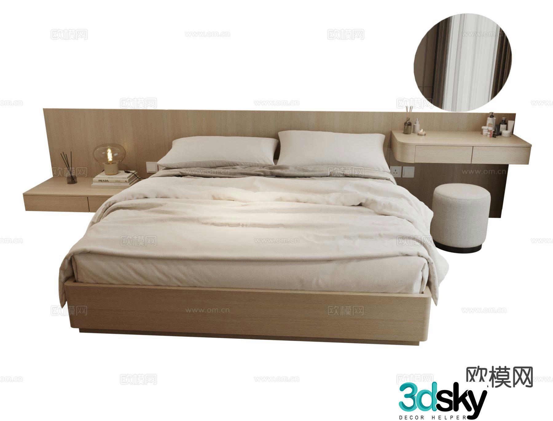Log style double bed and dresser integrated 3D model