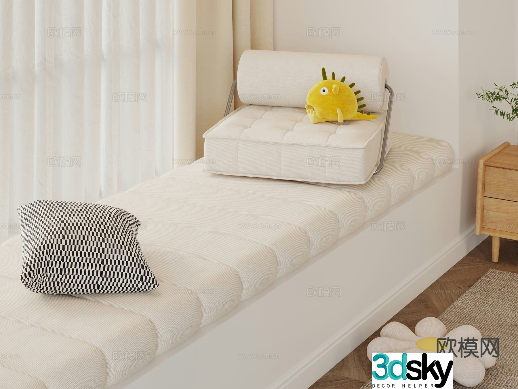 Cream wind bay window cushion pillow 3d model
