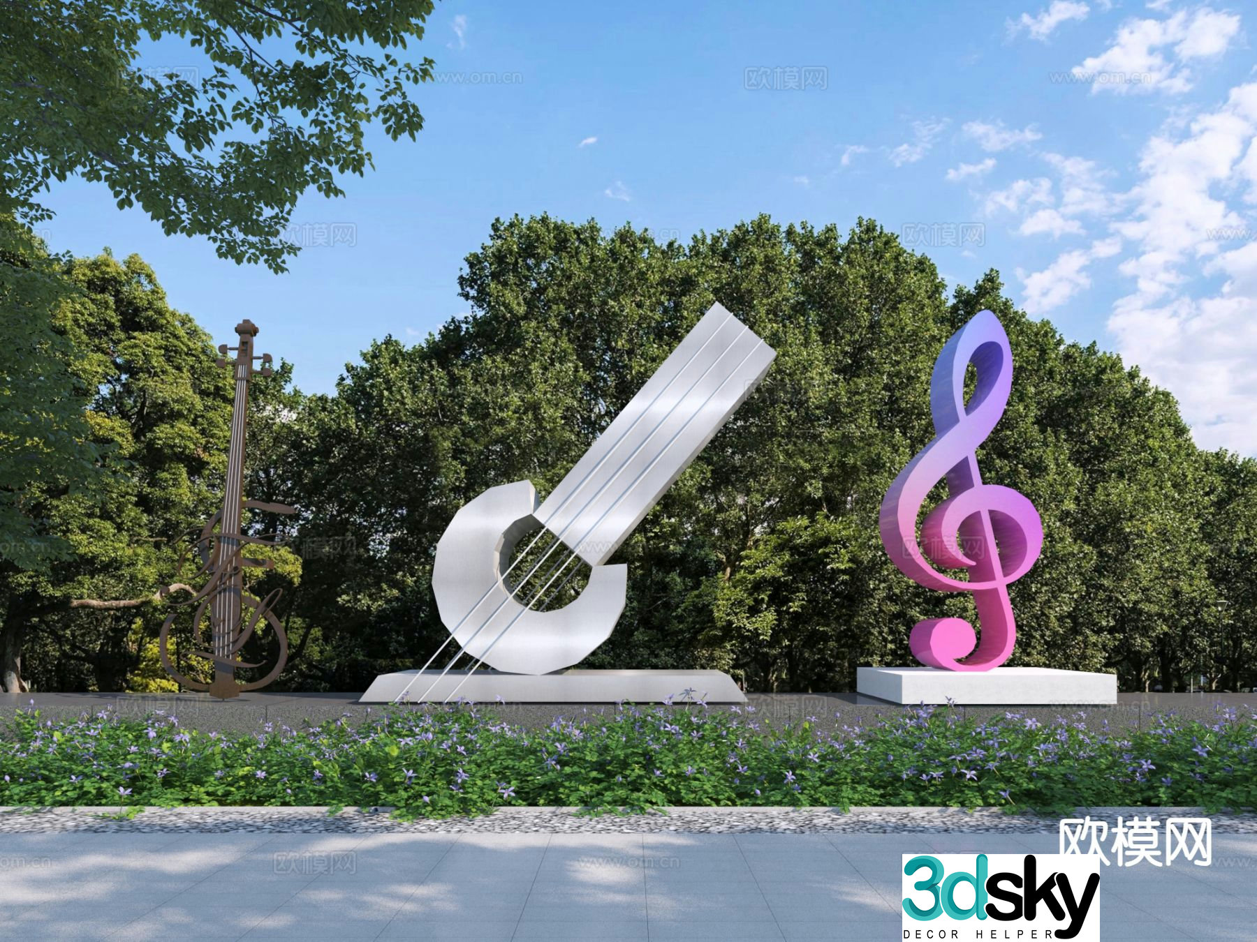 Modern guitar sculpture note landscape sketch 3d model
