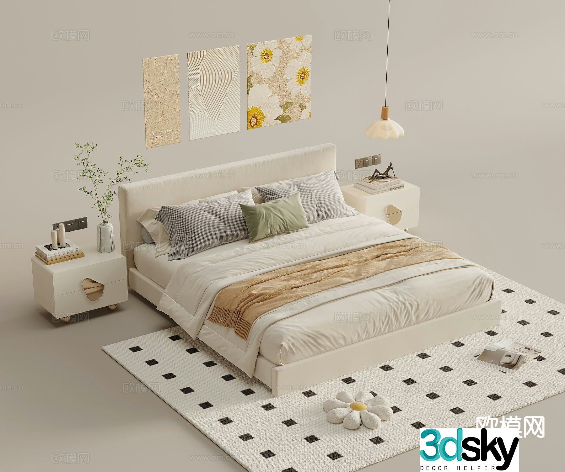 Cream style double bed 3d model