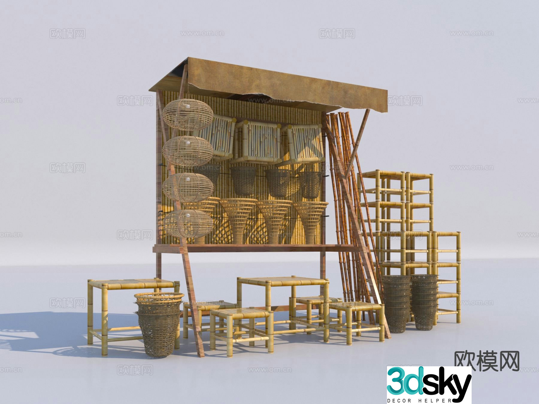 Chinese style bamboo basket stall 3d model