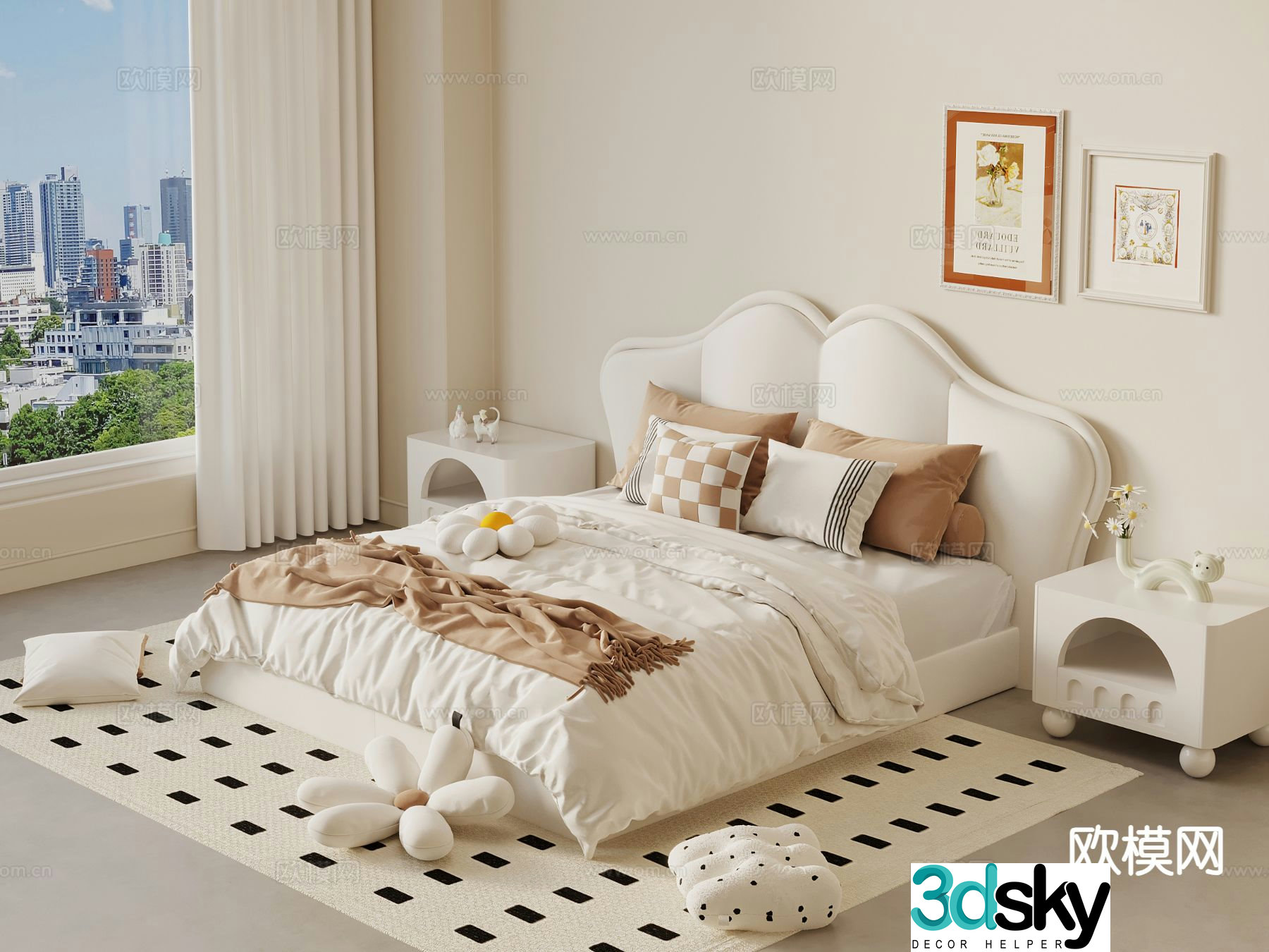 Cream style double bed 3d model