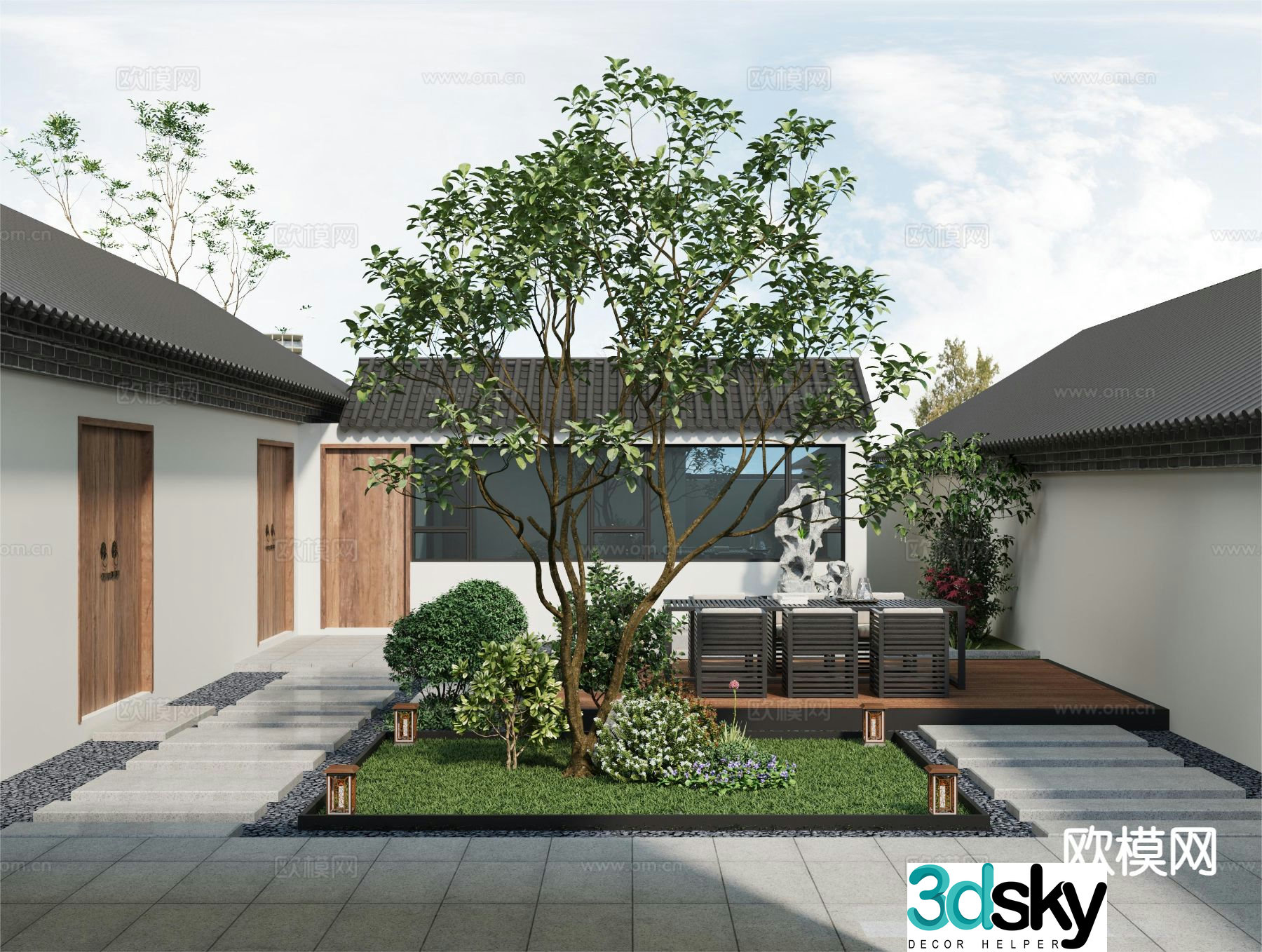 New Chinese style courtyard landscape villa landscape 3D model