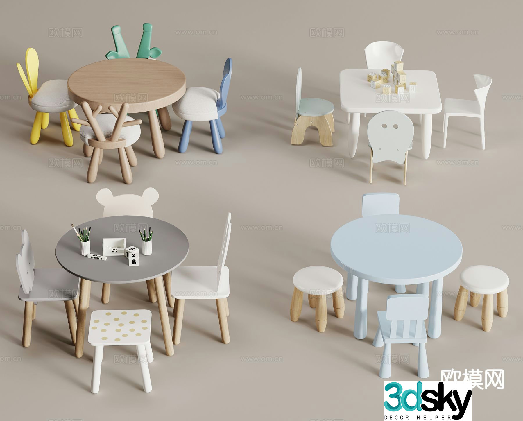 Modern children’s table and chairs toy table 3d model