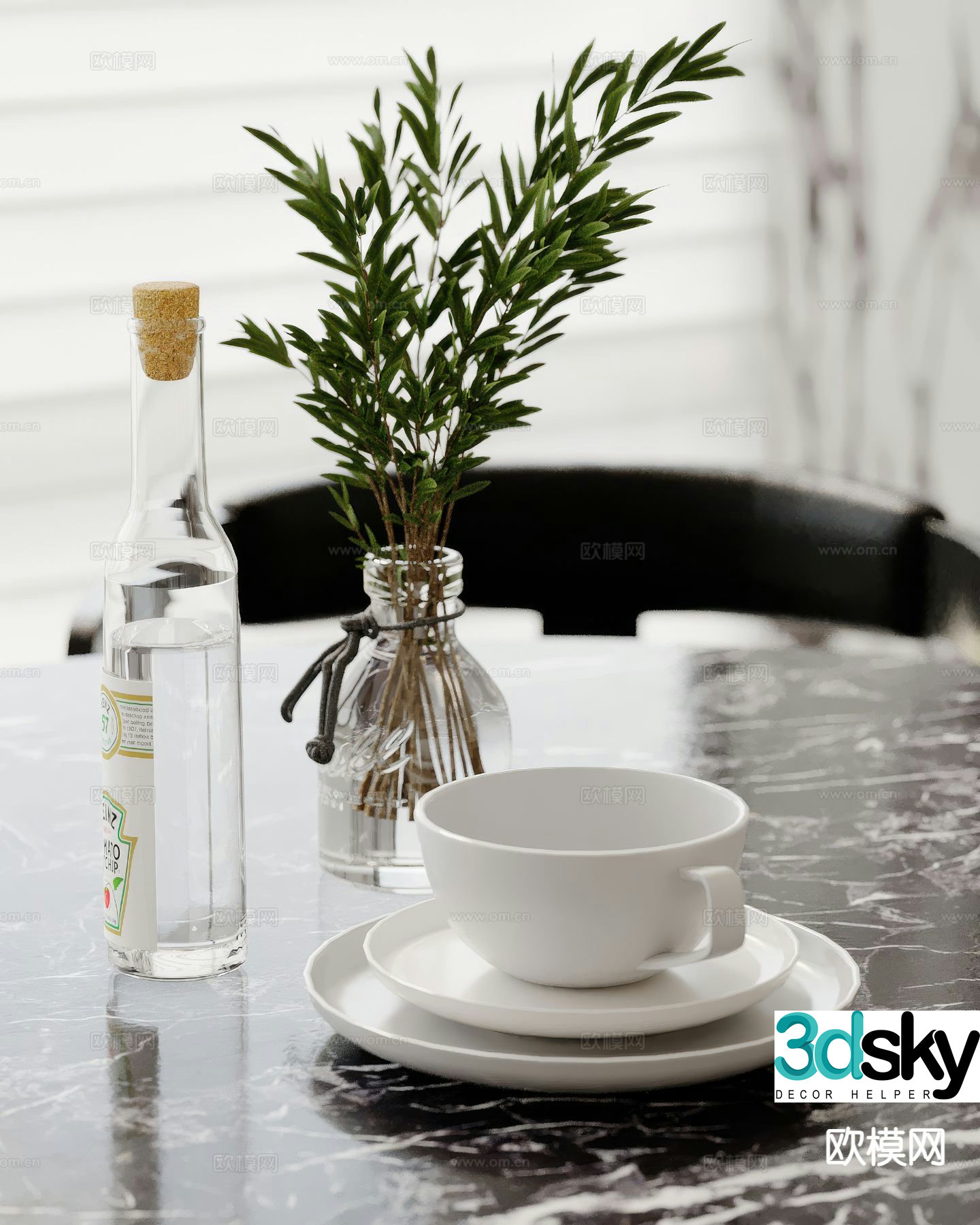 Modern dining table decorations kitchen decorations green plants bowls and dishes 3d model