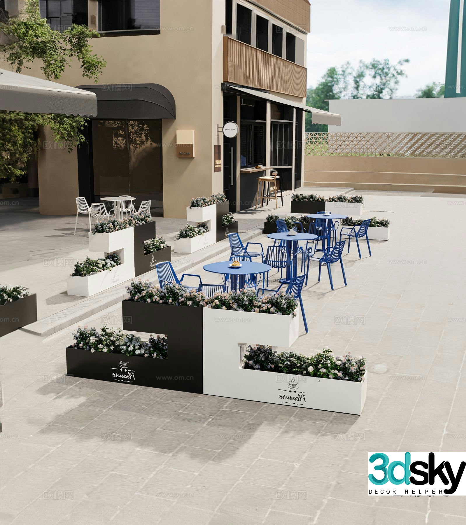 Black and white flower box flower trough outdoor table and chairs 3D model
