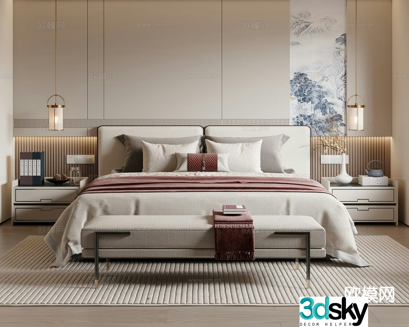 New Chinese style double bed 3d model
