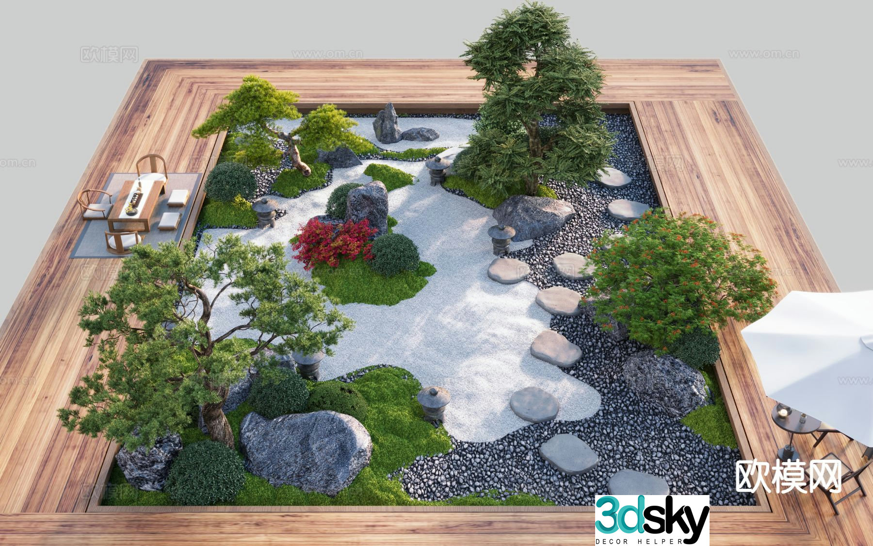 New Chinese Zen courtyard welcoming pine podocarpus 3D model