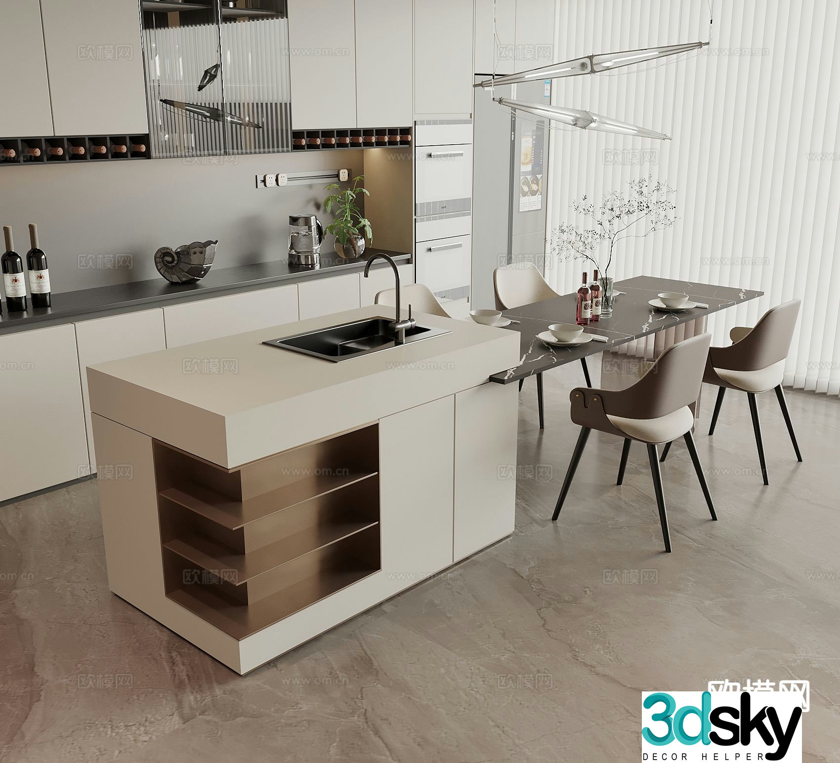 Modern island table dining table and chairs 3d model