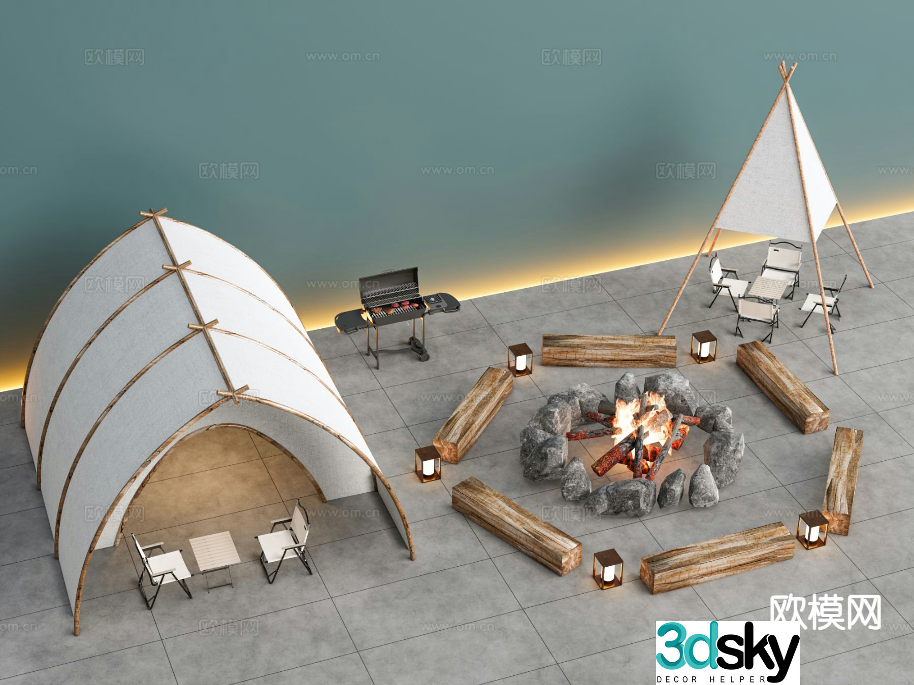 Camping tent camping dining table and chairs 3d model
