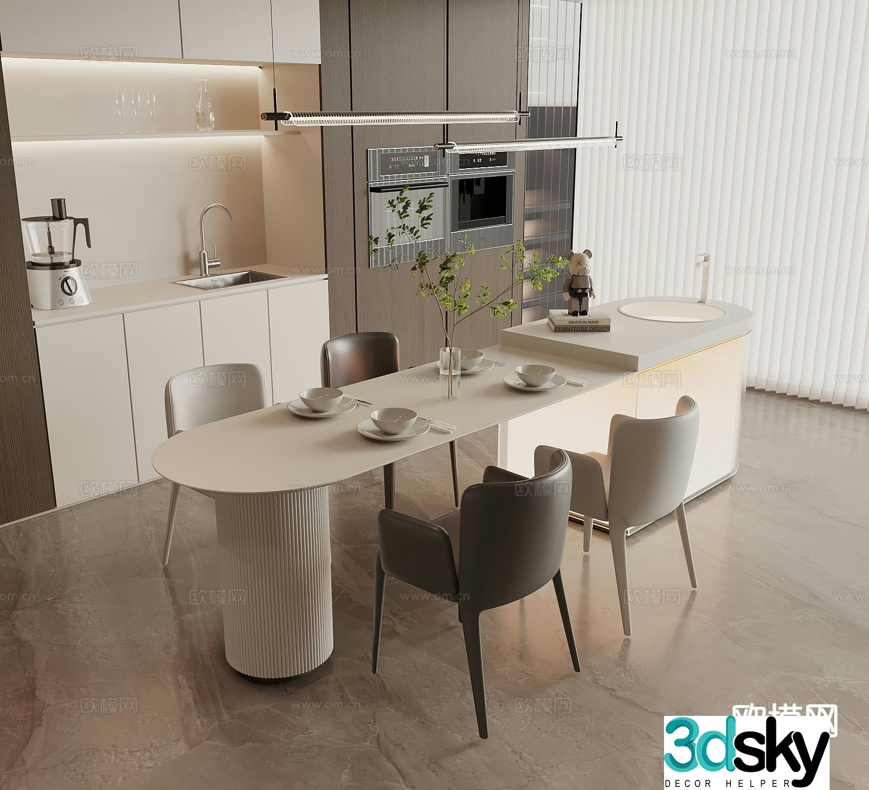 Modern island table dining table and chairs 3d model