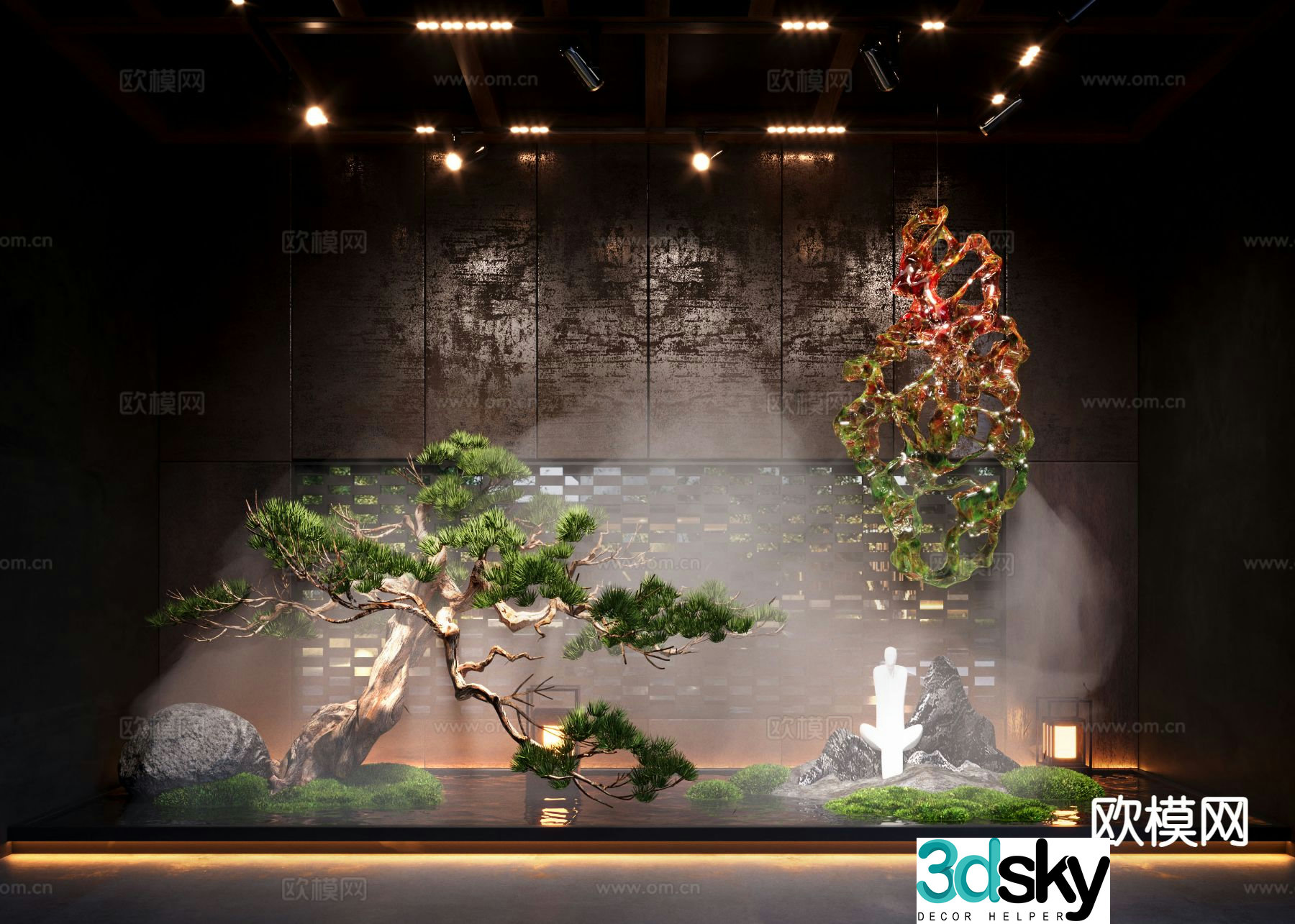 New Chinese style indoor landscaping bryophytes hanging plant landscaping 3d model
