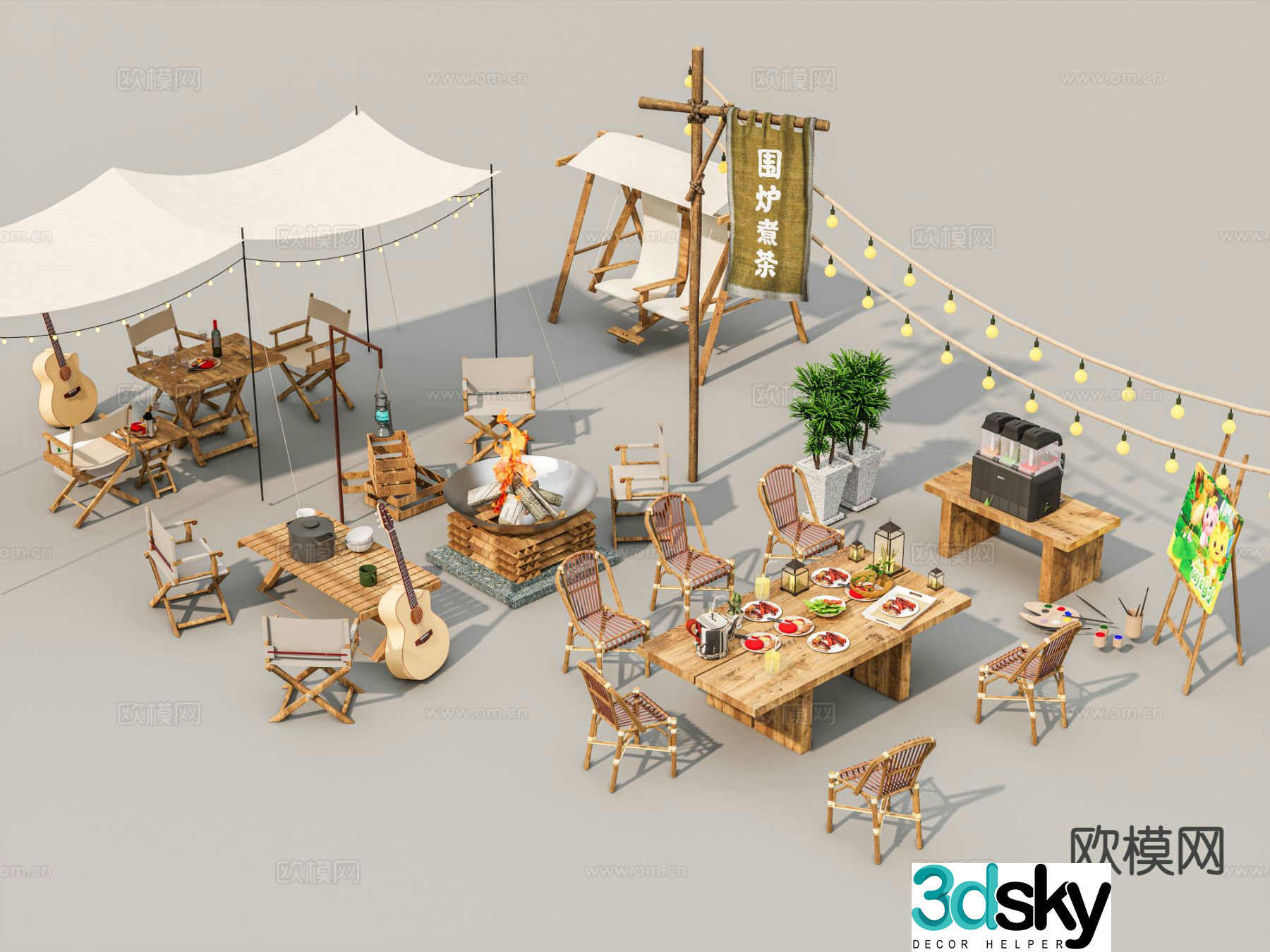 Camp tent camping sketch camping folding table and chairs 3d model