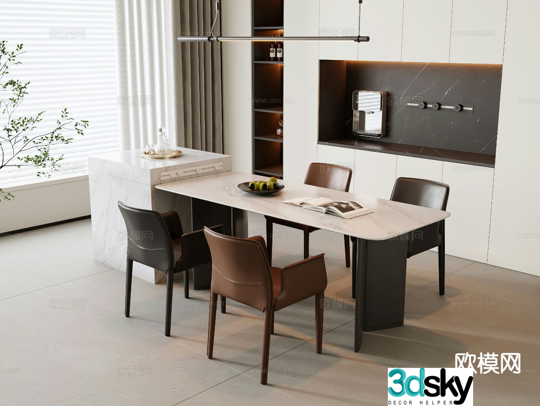 Modern island dining table and chairs 3d model