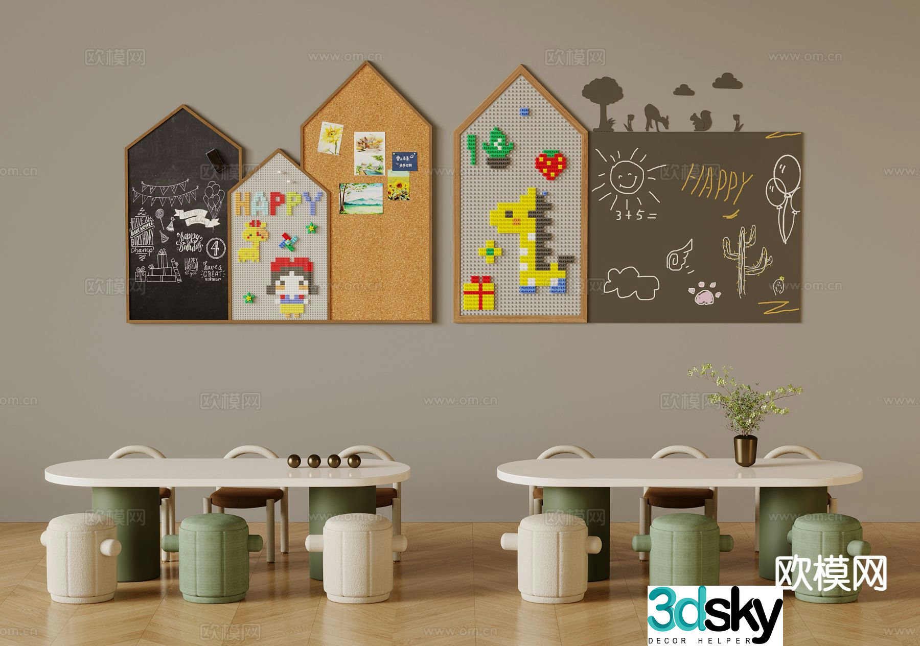 Modern children’s tables and chairs wall decorative panels perforated panels 3D model