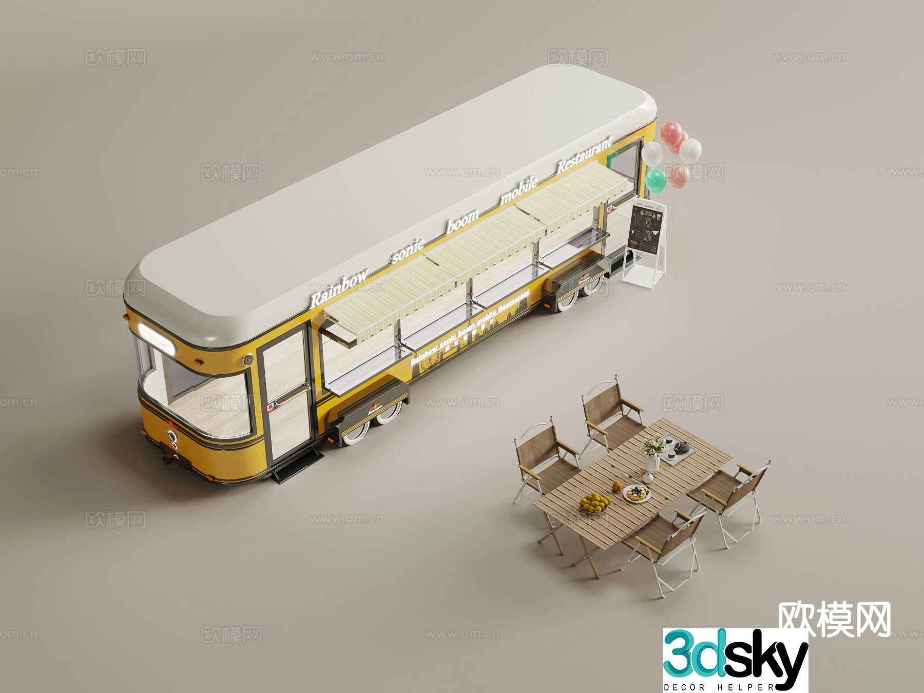 Modern fast food truck dining car outdoor table and chair 3D model