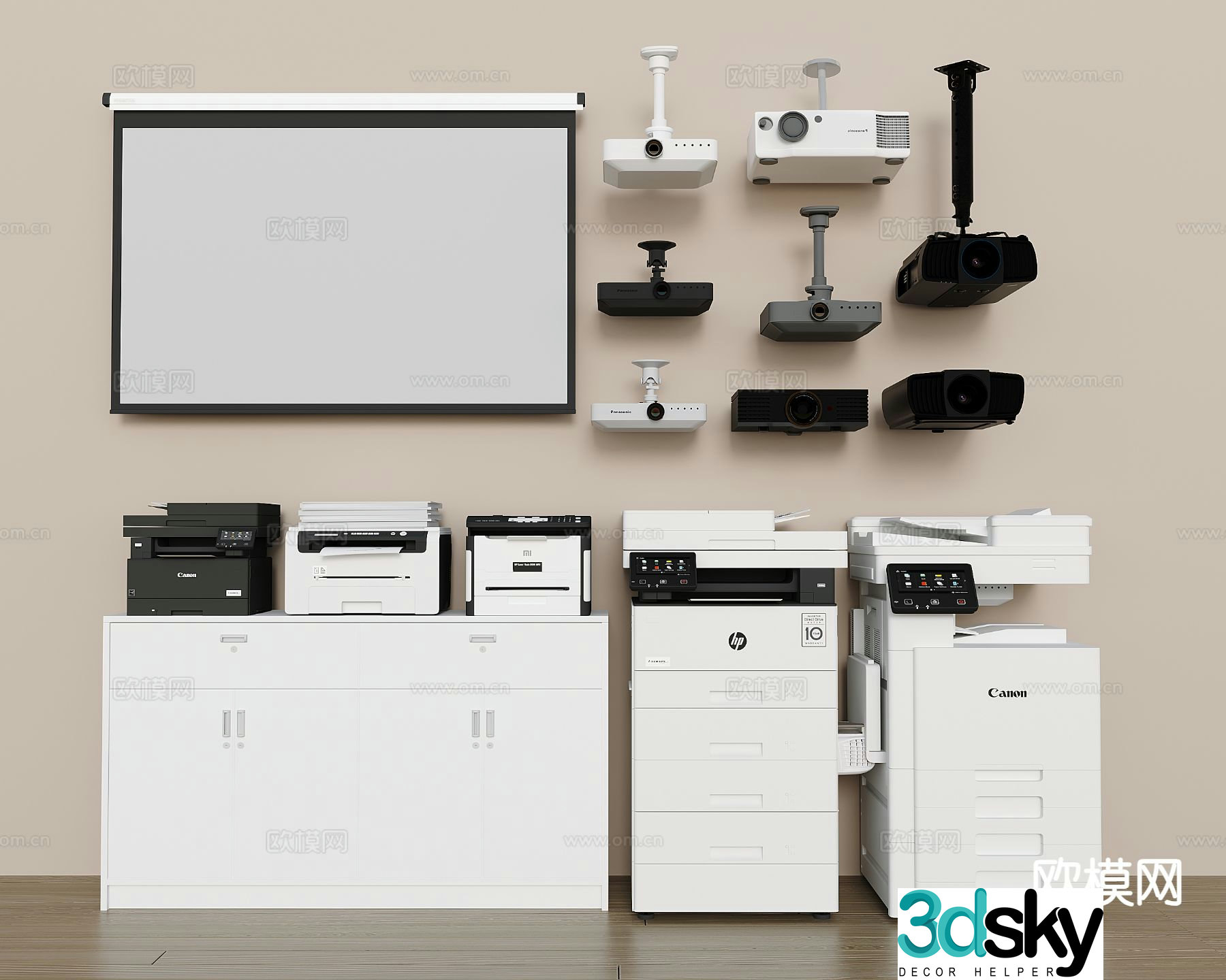 Modern office supplies printer file cabinet projector projection cloth 3d model