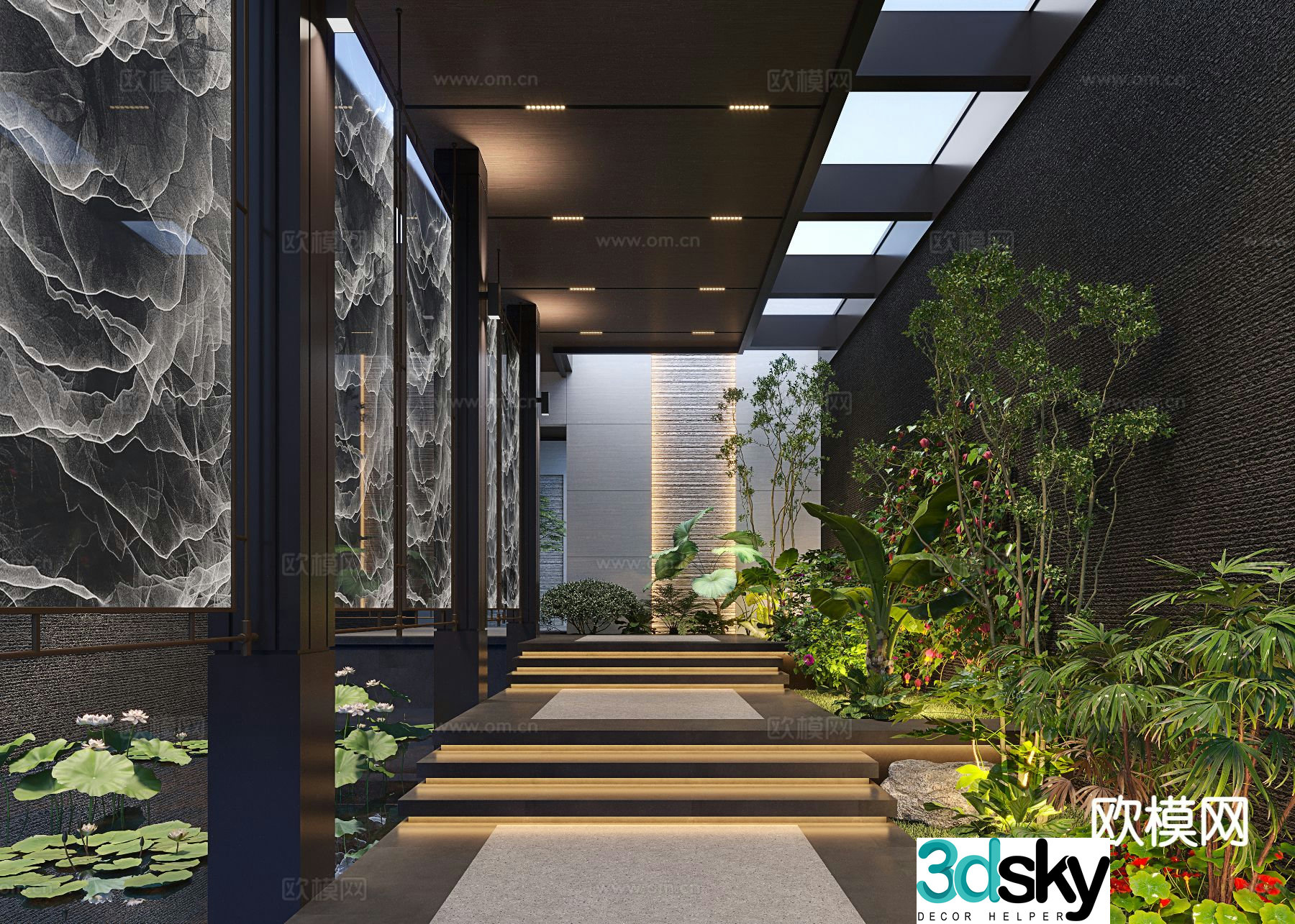 Modern courtyard water feature indoor landscape 3d model