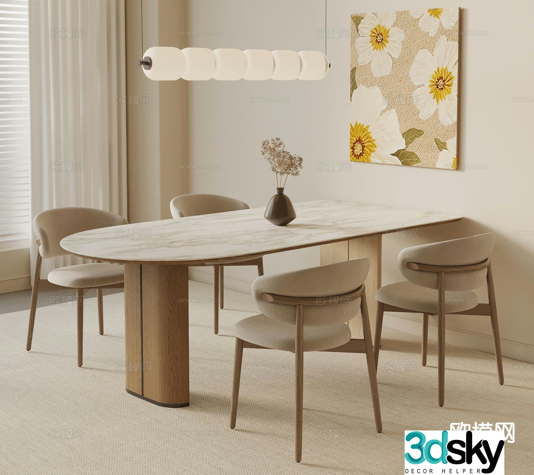 Cream style dining table and chairs 3d model