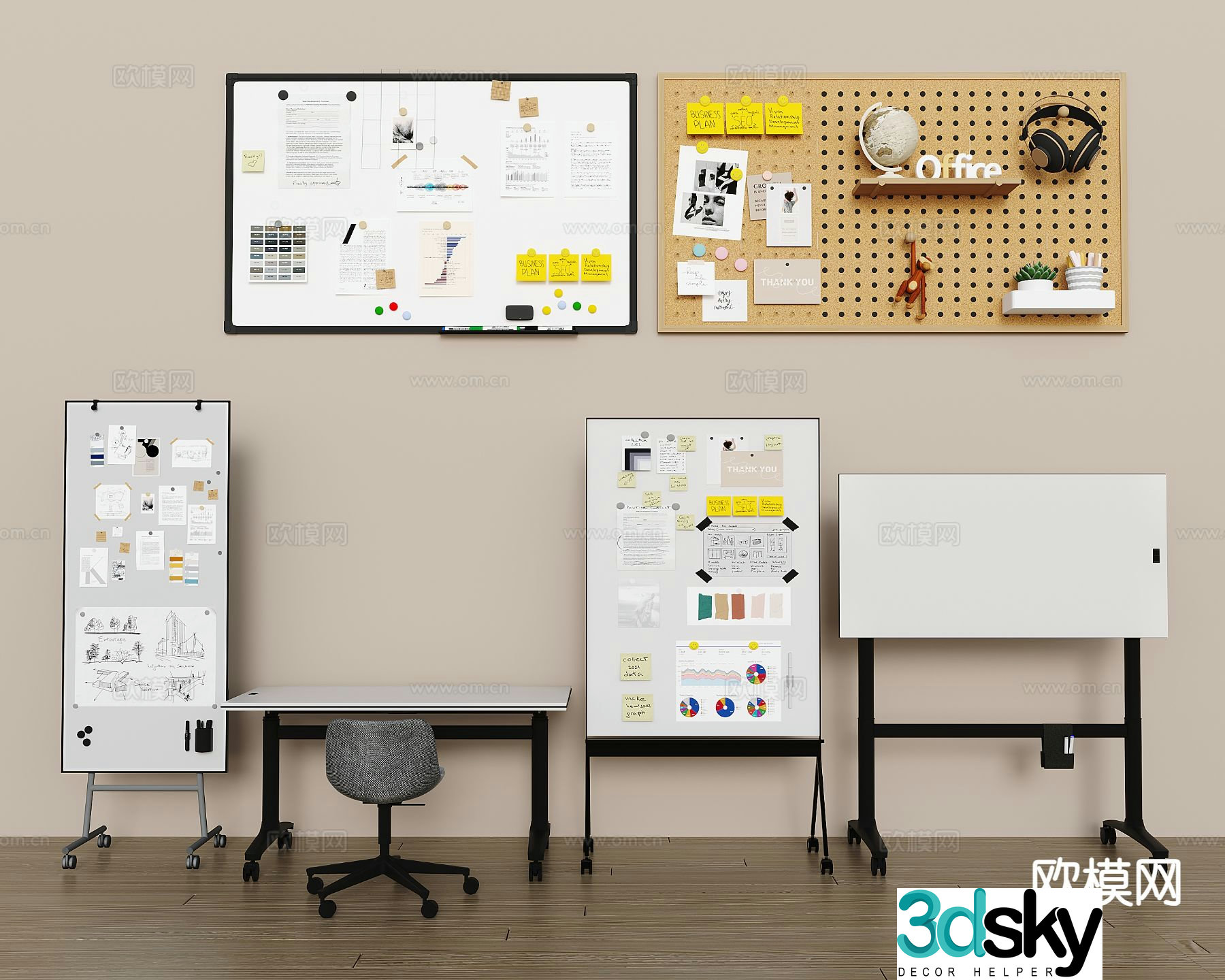 Office whiteboard mobile whiteboard note board 3d model