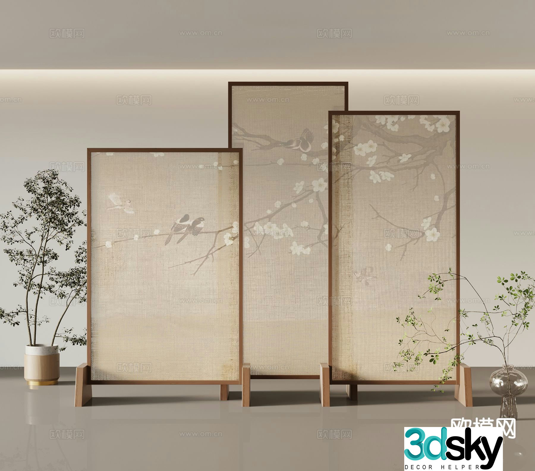New Chinese-style screen silk cloth screen interpolated screen 3D model