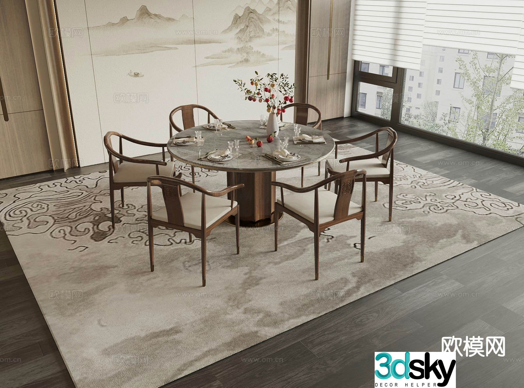 New Chinese round table dining table and chairs 3d model