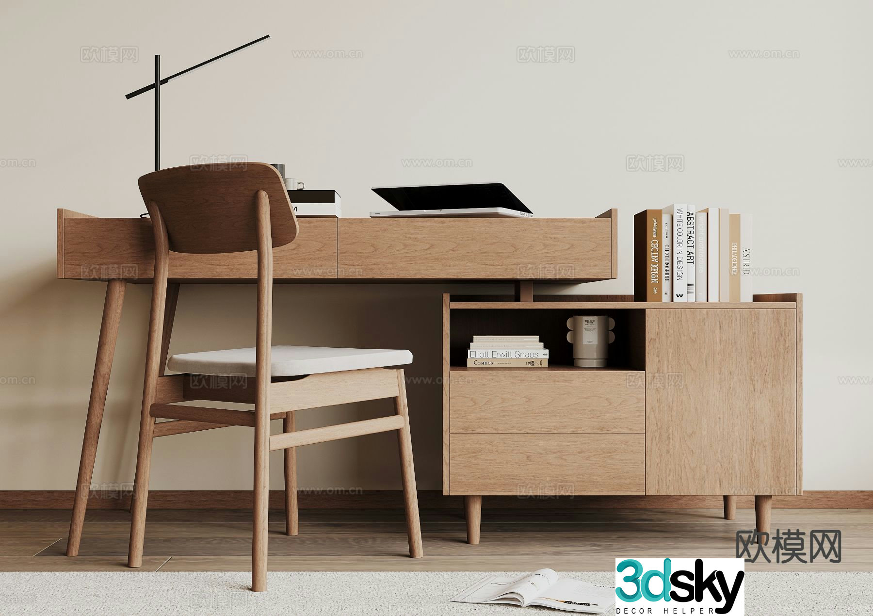 Modern desk chair side cabinet 3d model