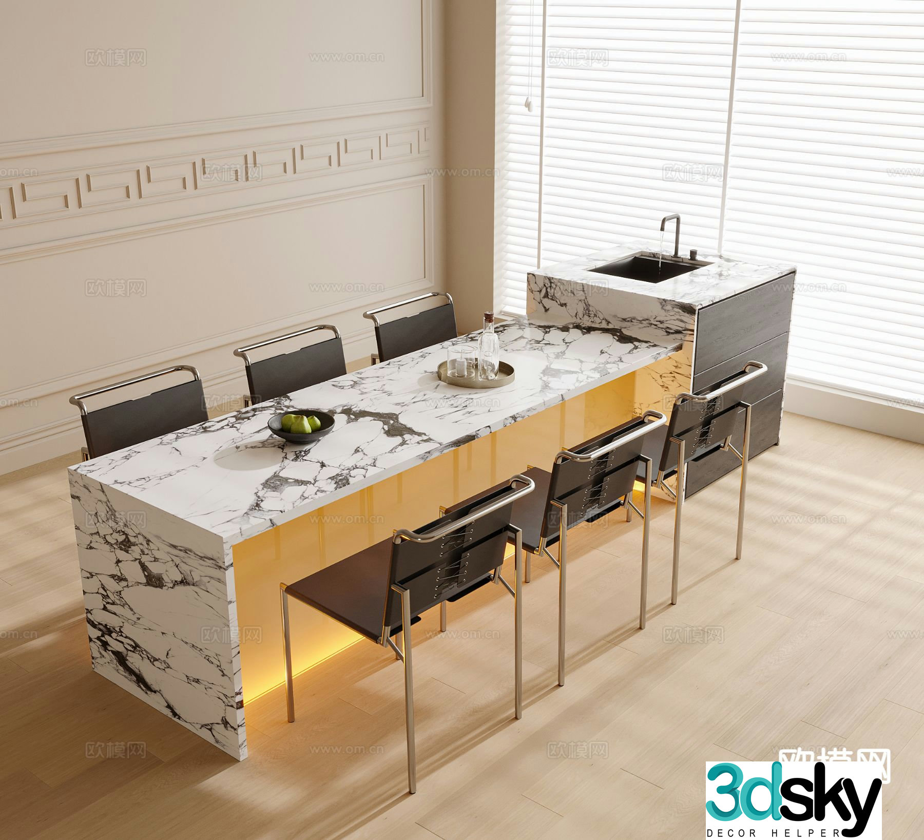 Modern dining table and chairs island dining table 3d model