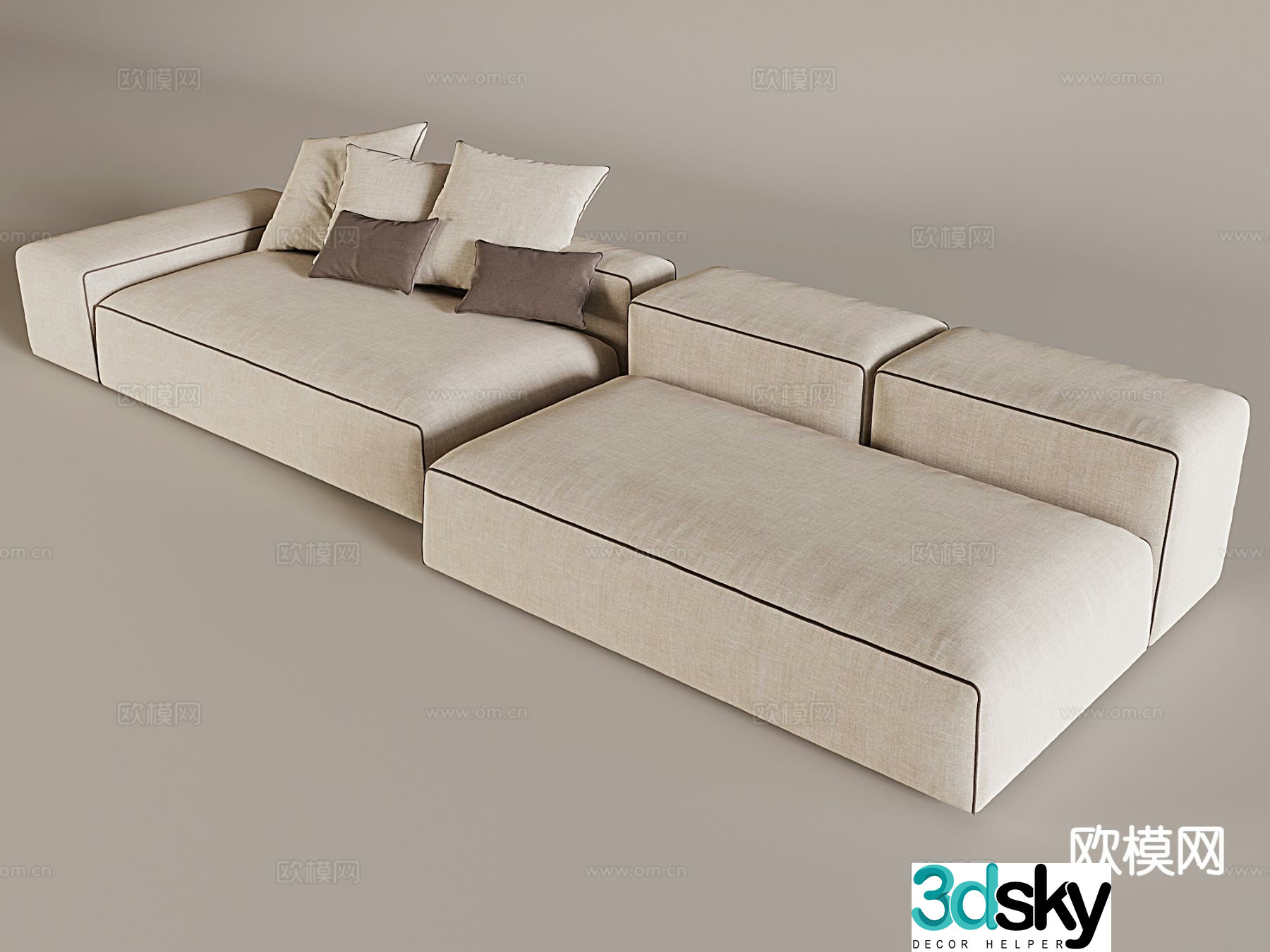 Straight row sofa tofu block sofa multi-person sofa 3D model