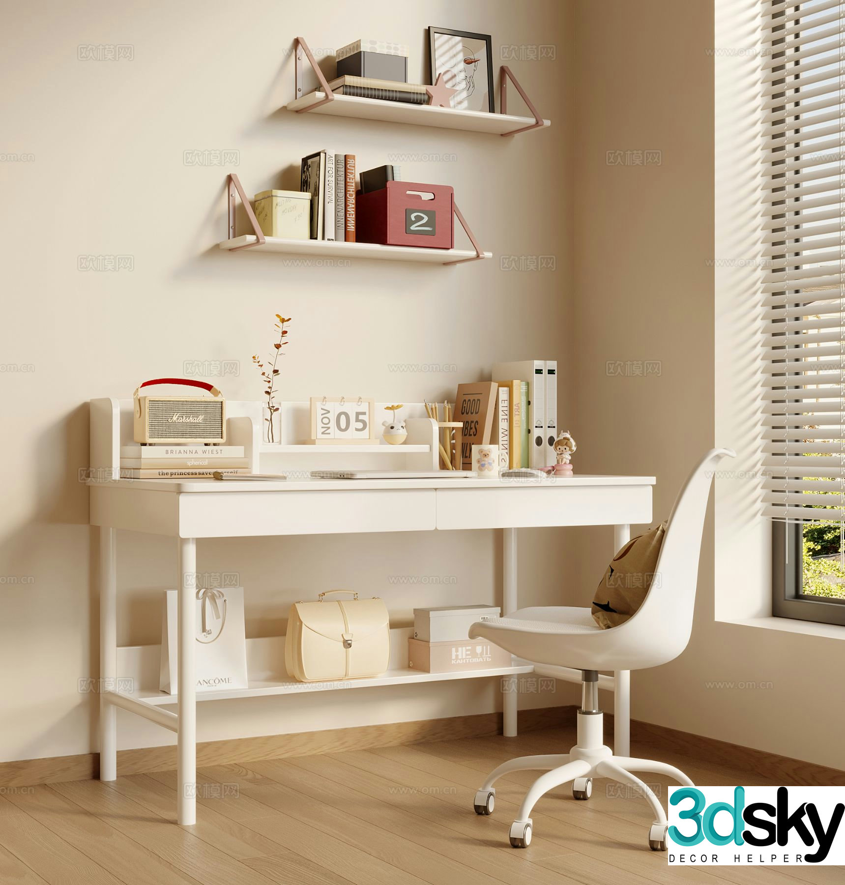 Modern children’s study table desk chair writing desk 3d model