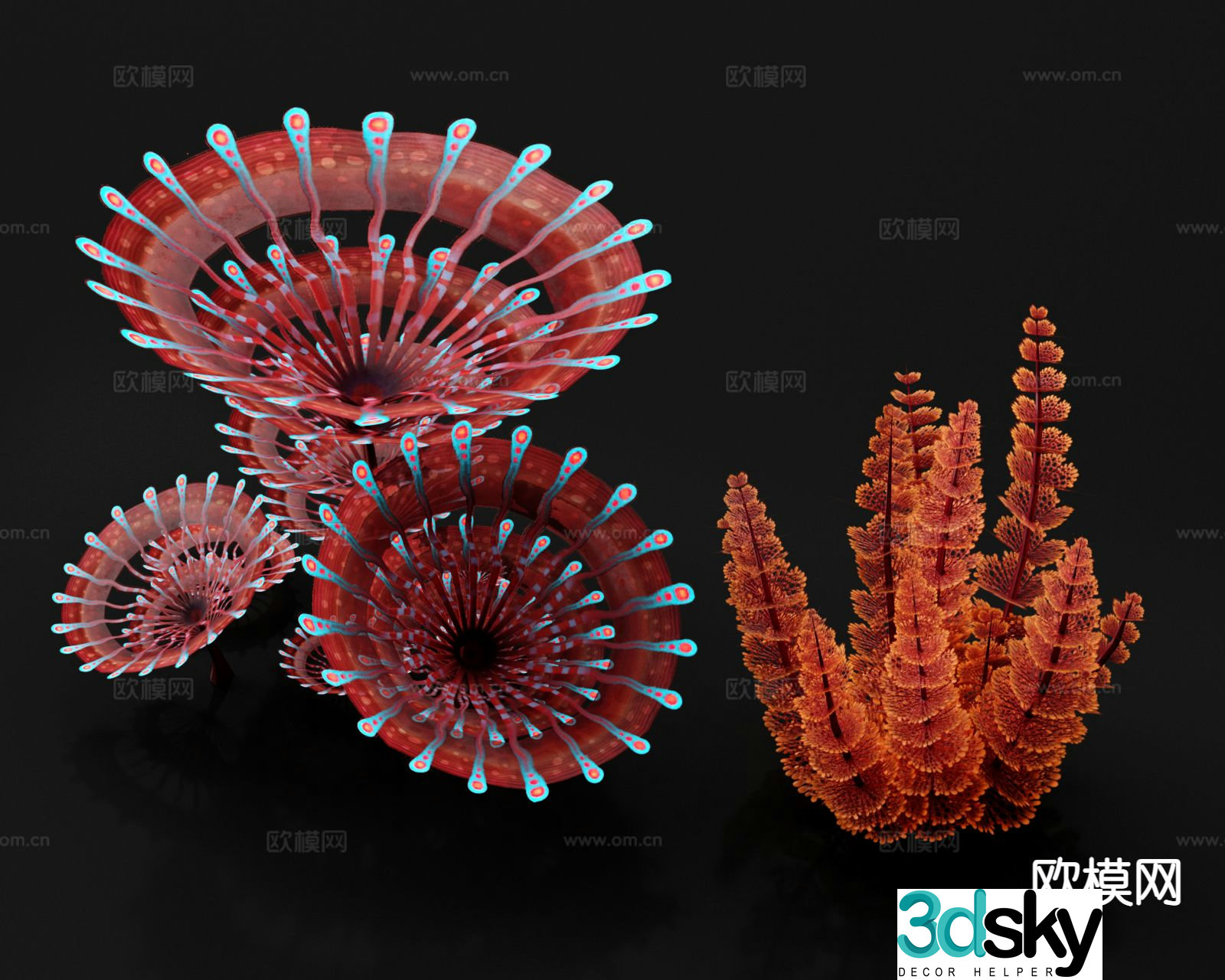 Red flowers and plants Volcanic grass Coral reefs Glowing plants Science fiction alien plants 3D model