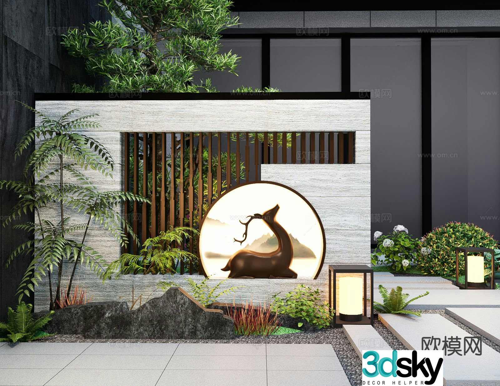 New Chinese style courtyard landscape wall background wall 3D model